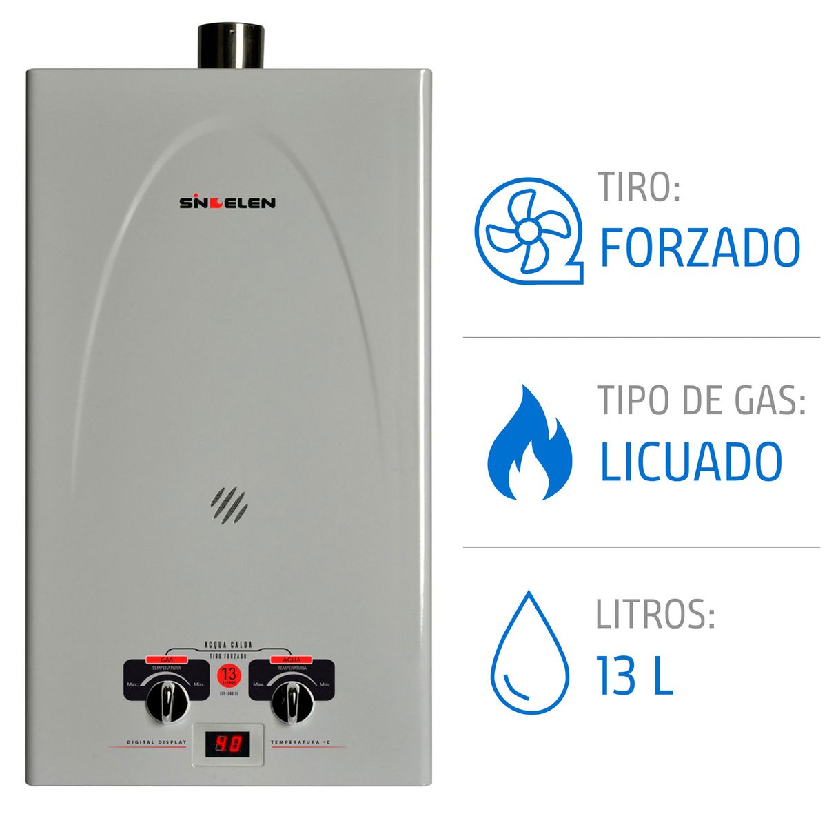 Calefont 13 Litros Gas Licuado Tiro forzado CFF-130GLSI, marca SINDELEN - Foto Principal