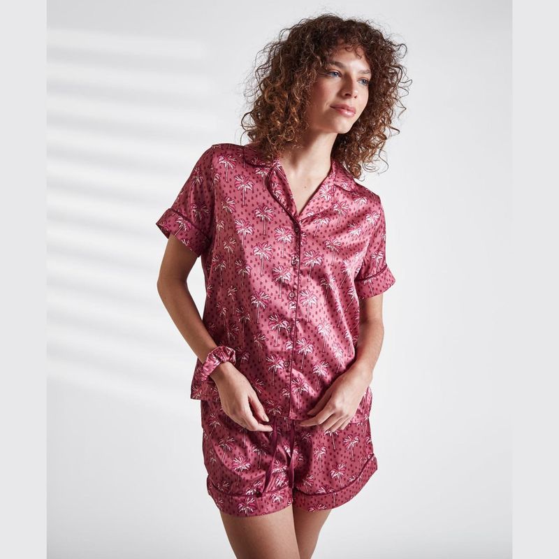 LOUNGE - Set Pijama Mujer Camisero Satinado Palmeras
