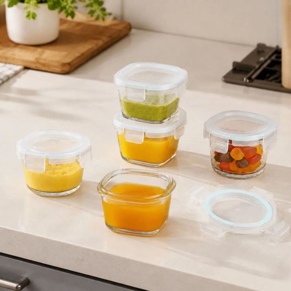 HOMESTAR - Set de 3 Contenedores Vidrio Herméticos Cuadrados - 160 ml