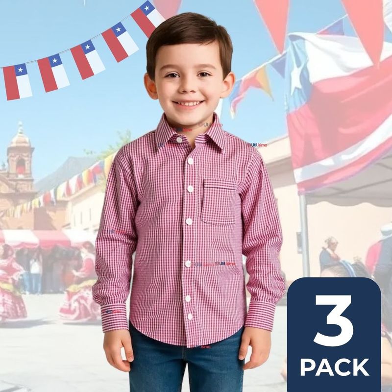 UTILISIMO - Pack 3 Camisa Huaso Cuadrillé Algodón Niño Juvenil Color Rojo