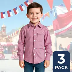 UTILISIMO - Pack 3 Camisa Huaso Cuadrillé Algodón Niño Juvenil Color Rojo