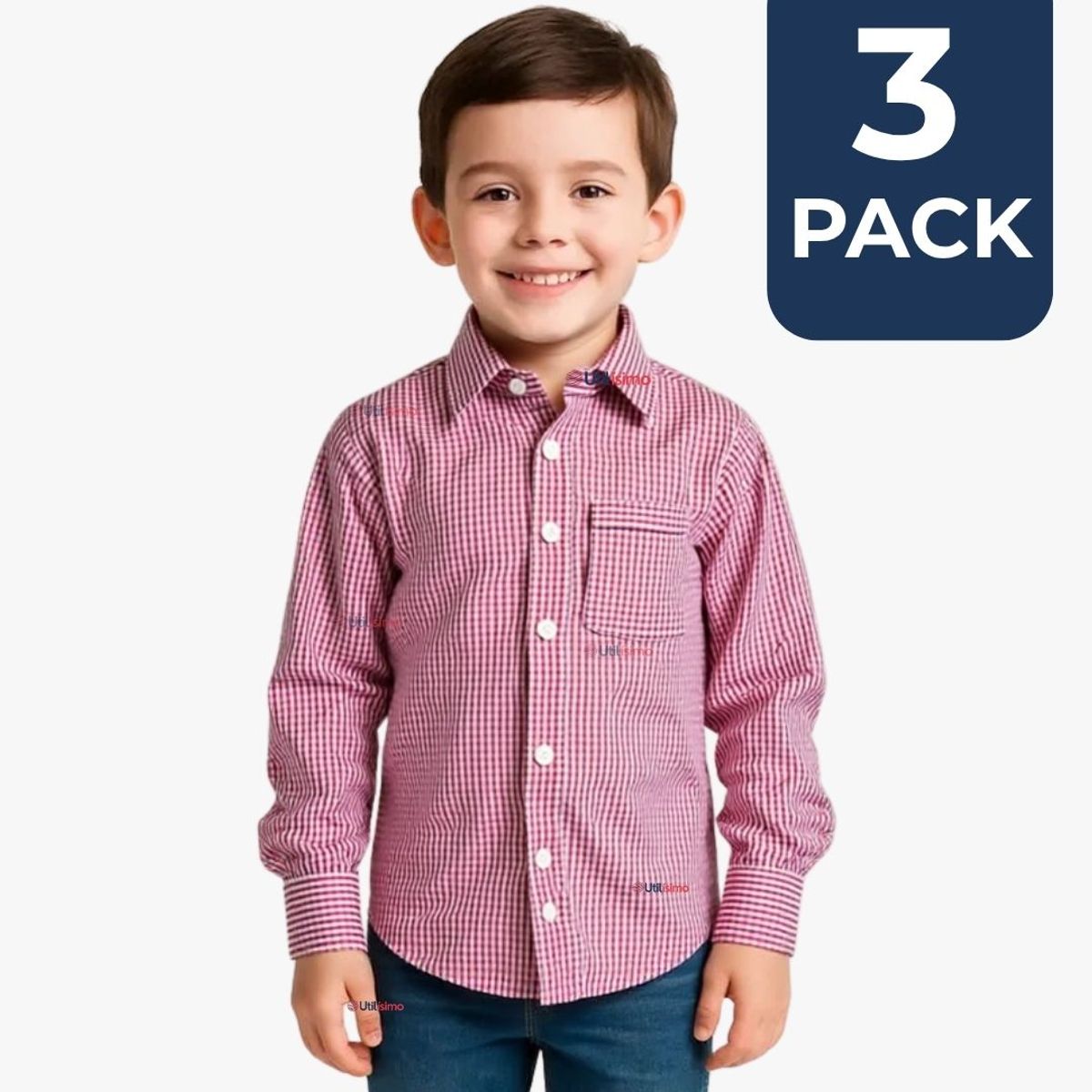 UTILISIMO - Pack 3 Camisa Huaso Cuadrillé Algodón Niño Juvenil Color Rojo