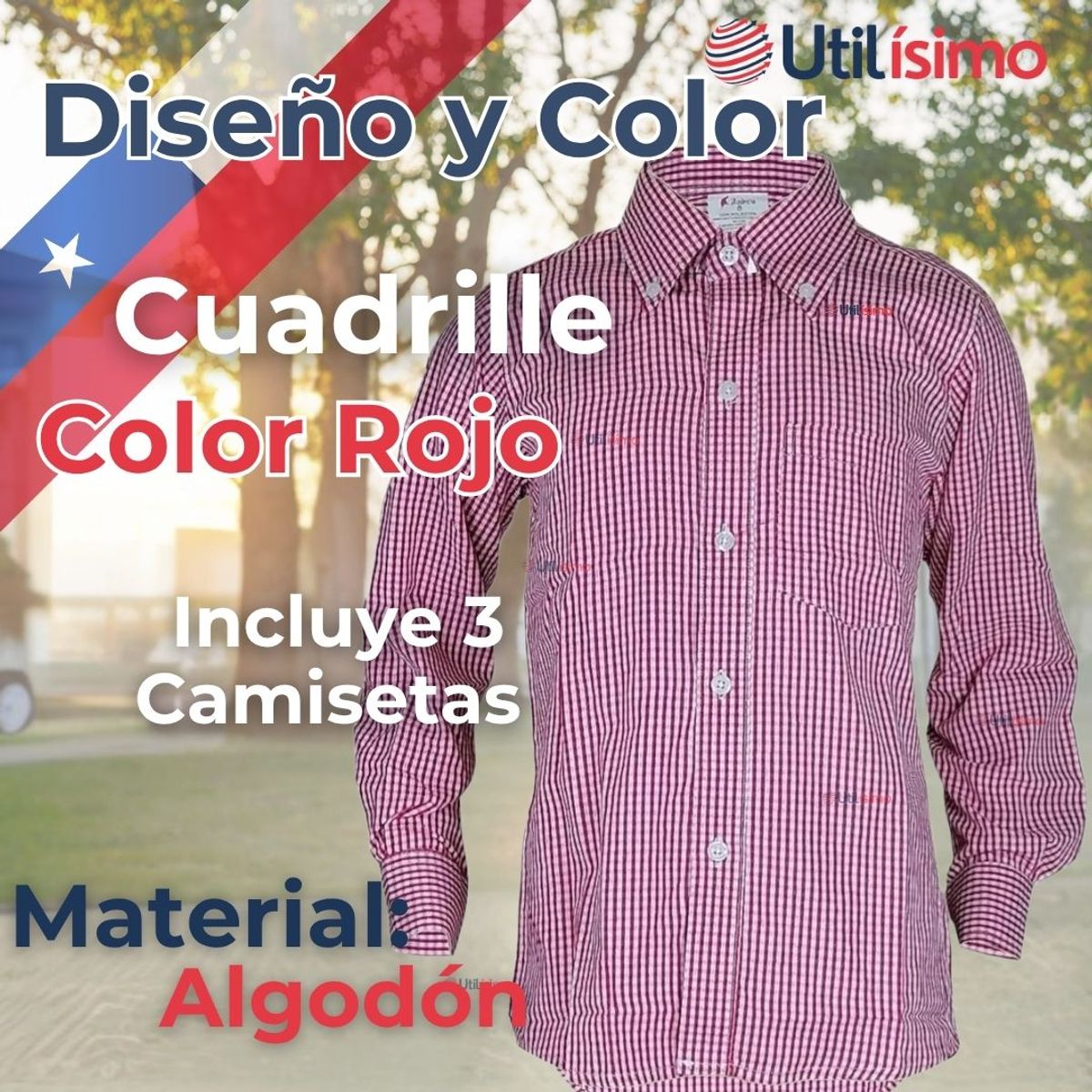 UTILISIMO - Pack 3 Camisa Huaso Cuadrillé Algodón Niño Juvenil Color Rojo