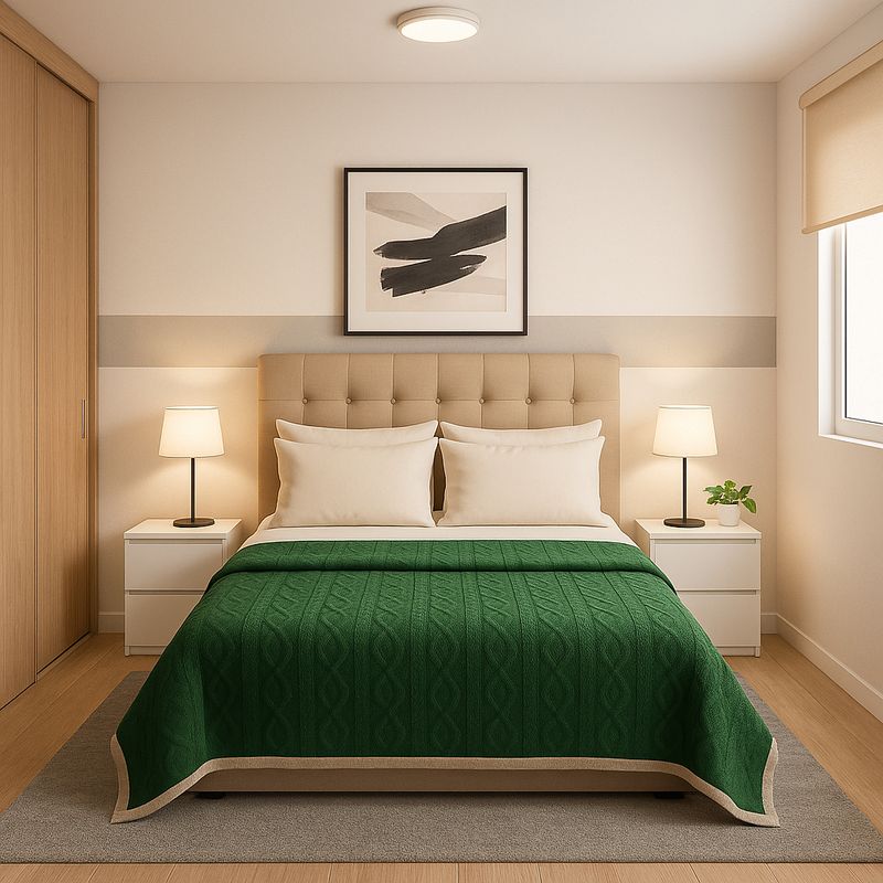 ARMONIA - Cobertor polar Sherpa 160x220 verde diseño geométrico reversible dormitorio