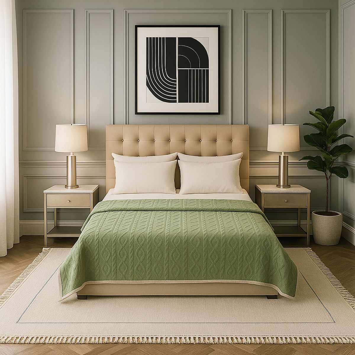 ARMONIA - Cobertor polar Sherpa verde claro geométrico 160x220 extra suave living CL