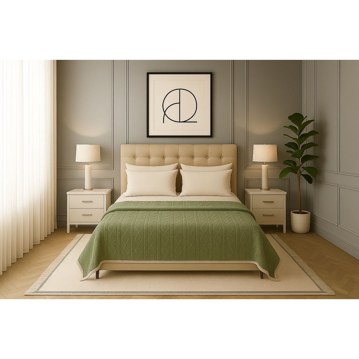 ARMONIA - Cobija Sherpa verde claro 160x220 diseño geométrico microfibra premium