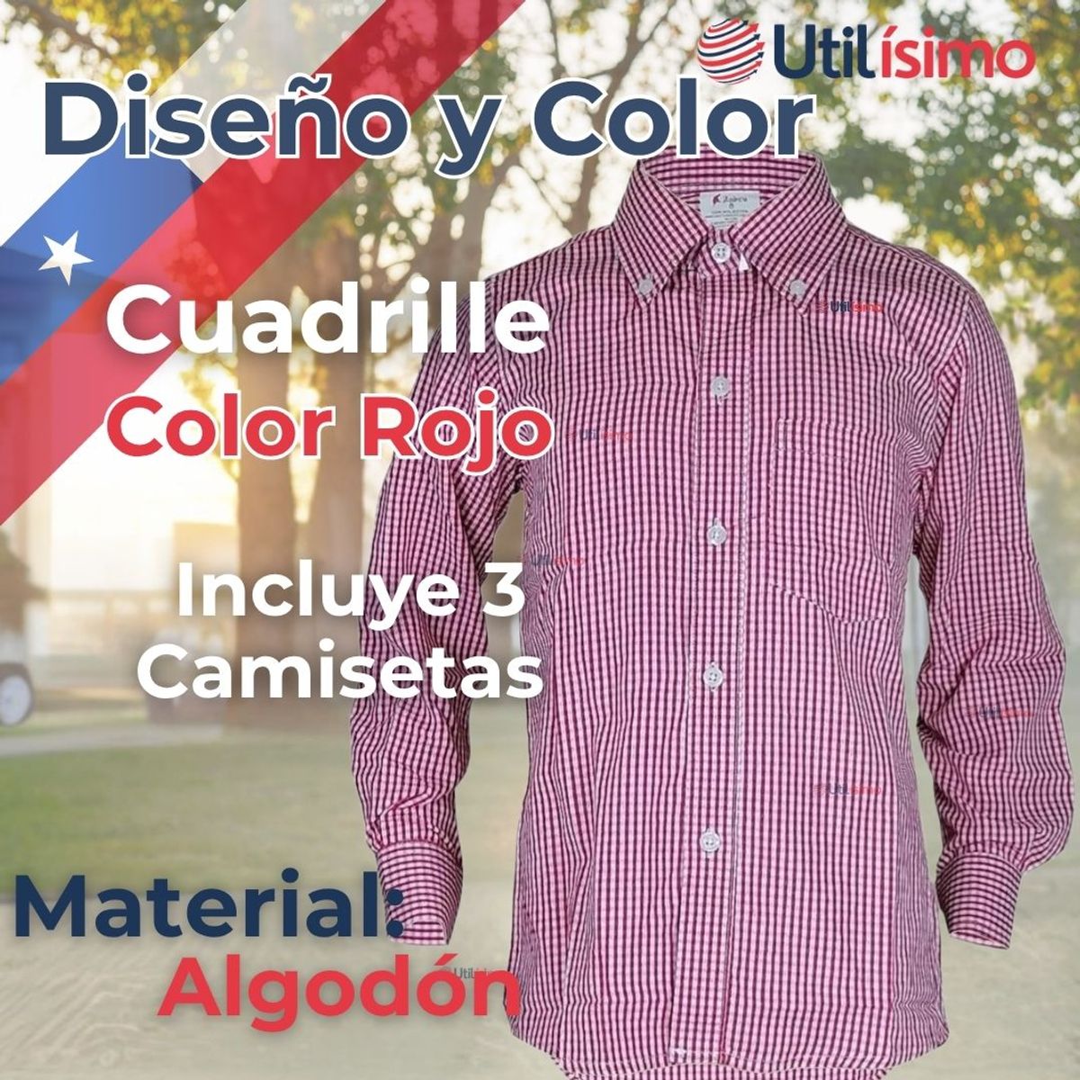 UTILISIMO - Pack 3 Camisa Huaso Cuadrillé Algodón Niño Juvenil Color Rojo