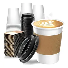 PASTELERIUSCL - 50 Vasos Para Cafe Vasos Polipapel C/tapa+manga 10oz/ 296ml