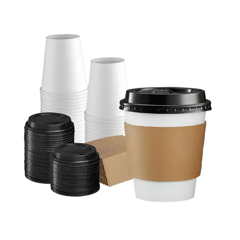 PASTELERIUS - 100 Vasos Para Cafe Vasos Polipapel C/tapa+manga 10oz/ 296ml