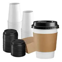 PASTELERIUSCL - 100 Vasos Para Cafe Vasos Polipapel C/tapa+manga 10oz/ 296ml