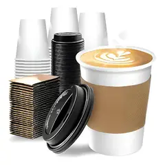 PASTELERIUSCL - 150 Vasos Para Cafe Vasos Polipapel C/tapa+manga 10oz/ 296ml