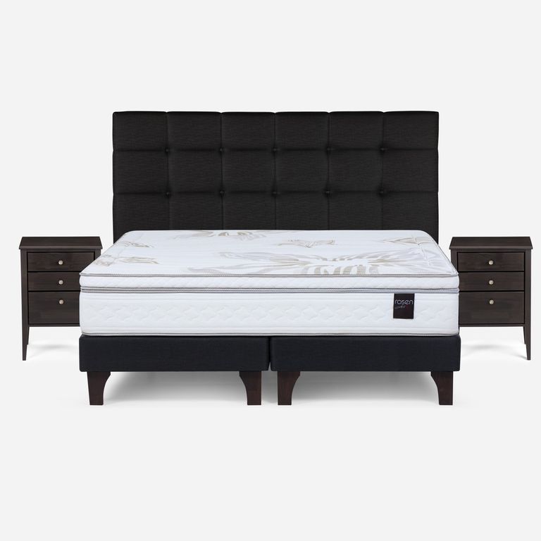 Cama Europea Art 4 King x 2.00mt Base Dividida + Respaldo + 2 Veladores