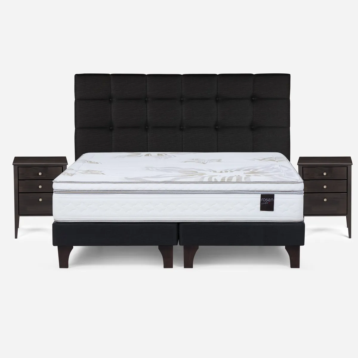 ROSEN - Cama Europea Art 4 King x 2.00mt Base Dividida + Respaldo + 2 Veladores Rosen
