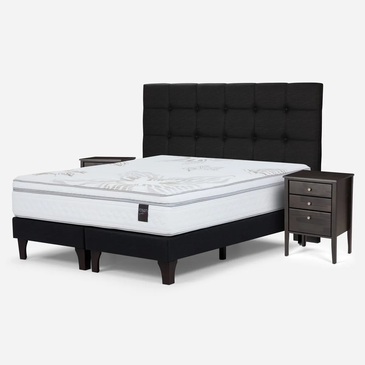 ROSEN - Cama Europea Art 4 King x 2.00mt Base Dividida + Respaldo + 2 Veladores Rosen