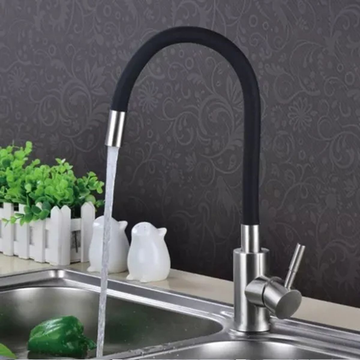 GENERICO - Llave Monomando Lavaplatos Flexible Negra Cromo