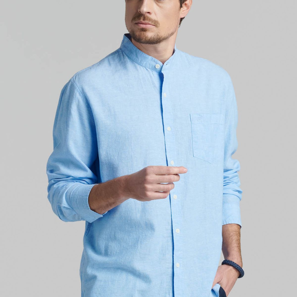 FEROUCH - Camisa Cuello Mao Lino Midland Celeste Ferouch