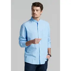 FEROUCH - Camisa Cuello Mao Lino Midland Celeste