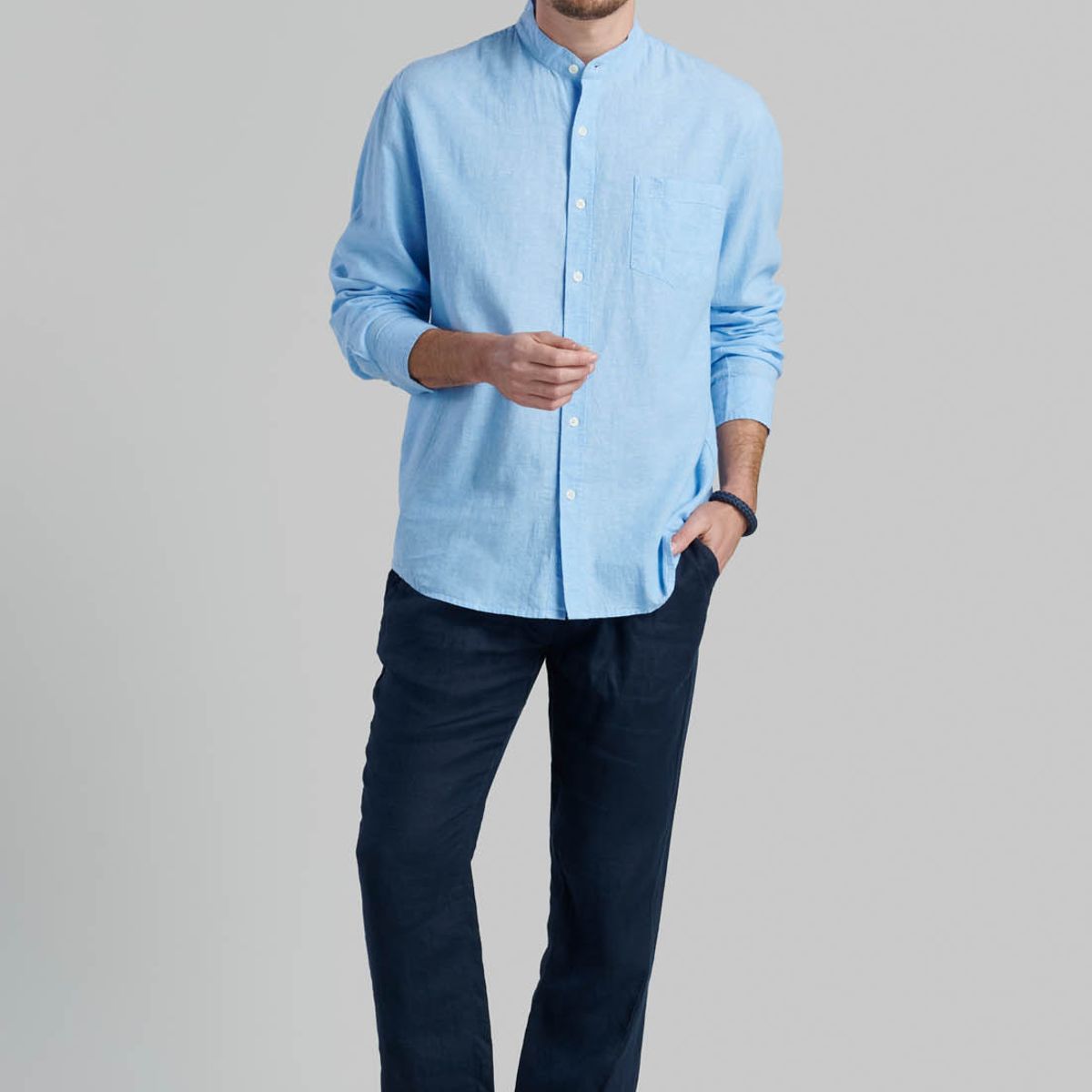 FEROUCH - Camisa Cuello Mao Lino Midland Celeste Ferouch