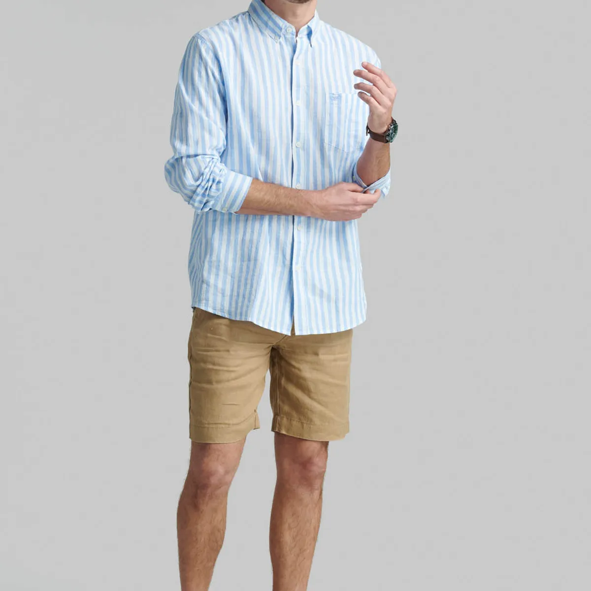 FEROUCH - Camisa Lino Listada Omaga Celeste Ferouch