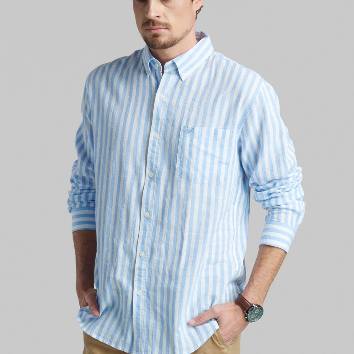 FEROUCH - Camisa Lino Listada Omaga Celeste Ferouch