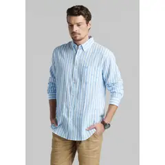 FEROUCH - Camisa Lino Listada Omaga Celeste