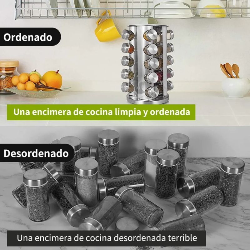 GENERICO - Condimenteros Especiero Giratorio Cocina 20 Frascos Color Plateado