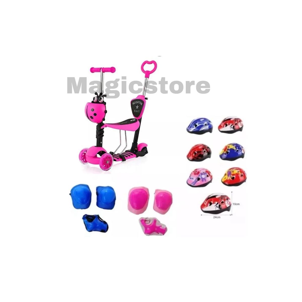 GENERICO - Scooter 5 en 1 y ruedas led Rosa+ set de protección