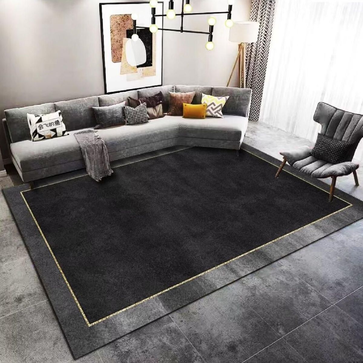 GENERICO - ALFOMBRA GRANDE NEGRO GRAFITO LINEA DORADA 200X240 CASA MIO