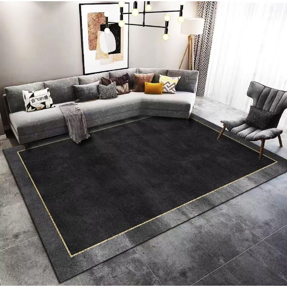 GENERICO - ALFOMBRA GRANDE NEGRO GRAFITO LINEA DORADA 200X240 CASA MIO