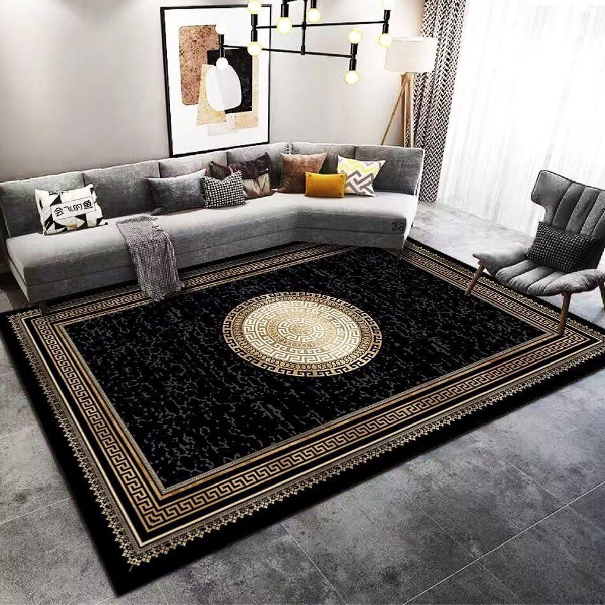 GENERICO - ALFOMBRA GRANDE ELEGANTE NEGRA DISEÑO GRIEGO 200X240 CASA MIO