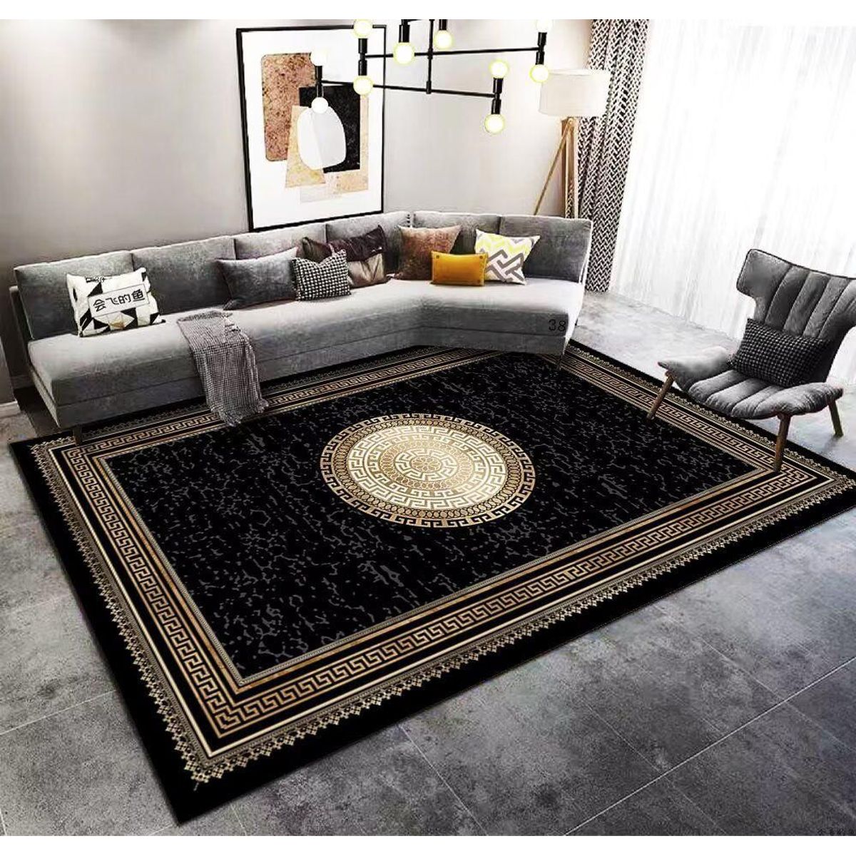 GENERICO - ALFOMBRA GRANDE ELEGANTE NEGRA DISEÑO GRIEGO 200X240 CASA MIO