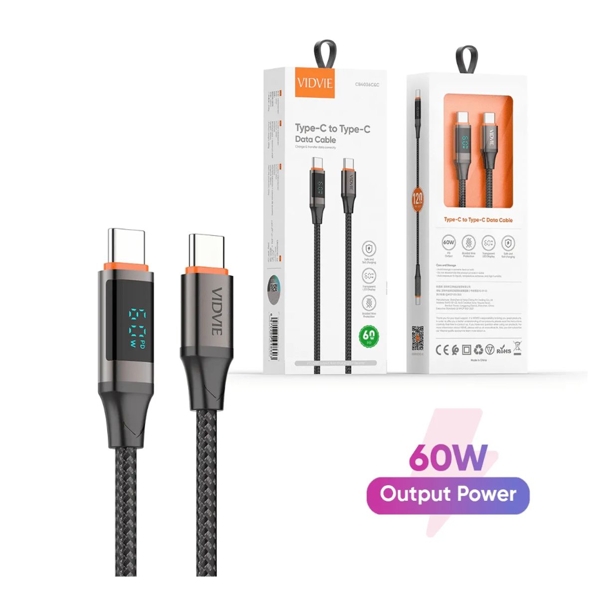 GENERICO - Cable De Datos VIDVIE Type C a Type C Carga Rápida De 60 W