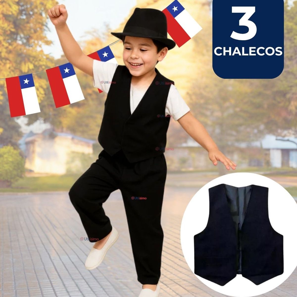 UTILISIMO - Pack 3 Chaleco Bolero Nortino Niño Juvenil Fiestas Patrias Negro