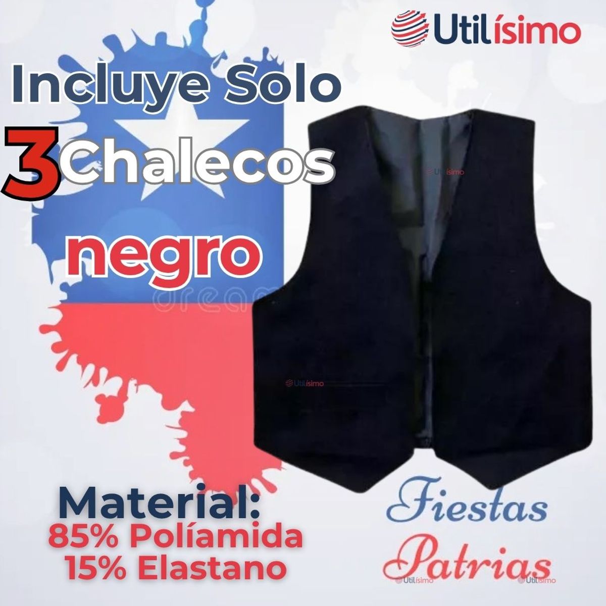 UTILISIMO - Pack 3 Chaleco Bolero Nortino Niño Juvenil Fiestas Patrias Negro