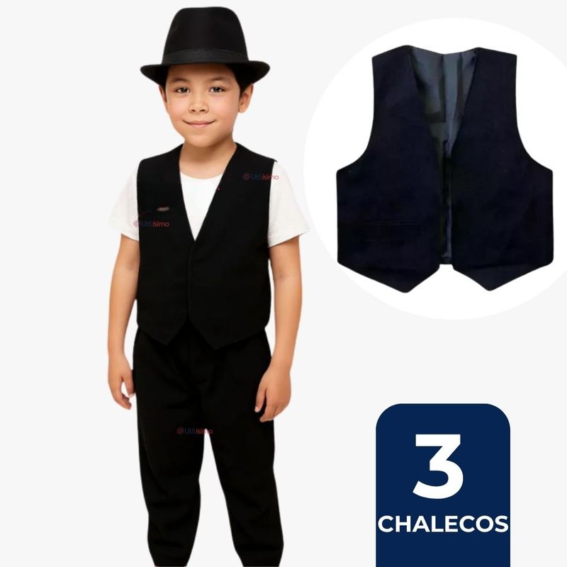 UTILISIMO - Pack 3 Chaleco Bolero Nortino Niño Juvenil Fiestas Patrias Negro