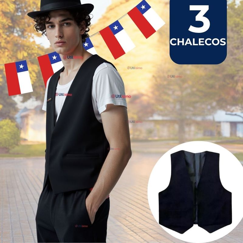 UTILISIMO - Pack 3 Chaleco Bolero Nortino Niño Juvenil Fiestas Patrias Negro