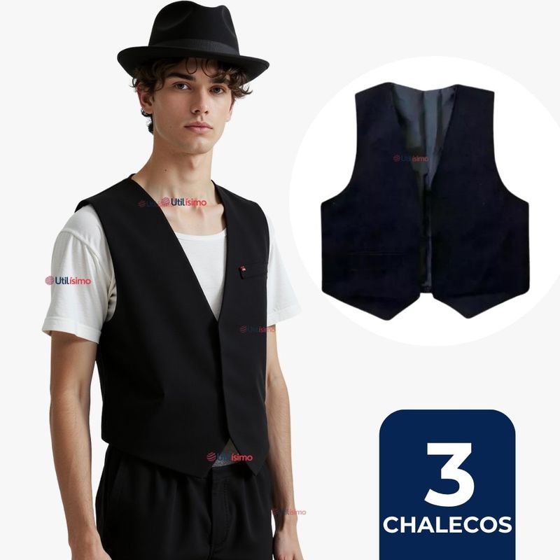 UTILISIMO - Pack 3 Chaleco Bolero Nortino Niño Juvenil Fiestas Patrias Negro