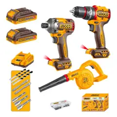 INGCO - Kit Atorrnillador Impacto + Taladro Percutor 76nm + Soplador Naranja 50 Hz / 60 Hz
