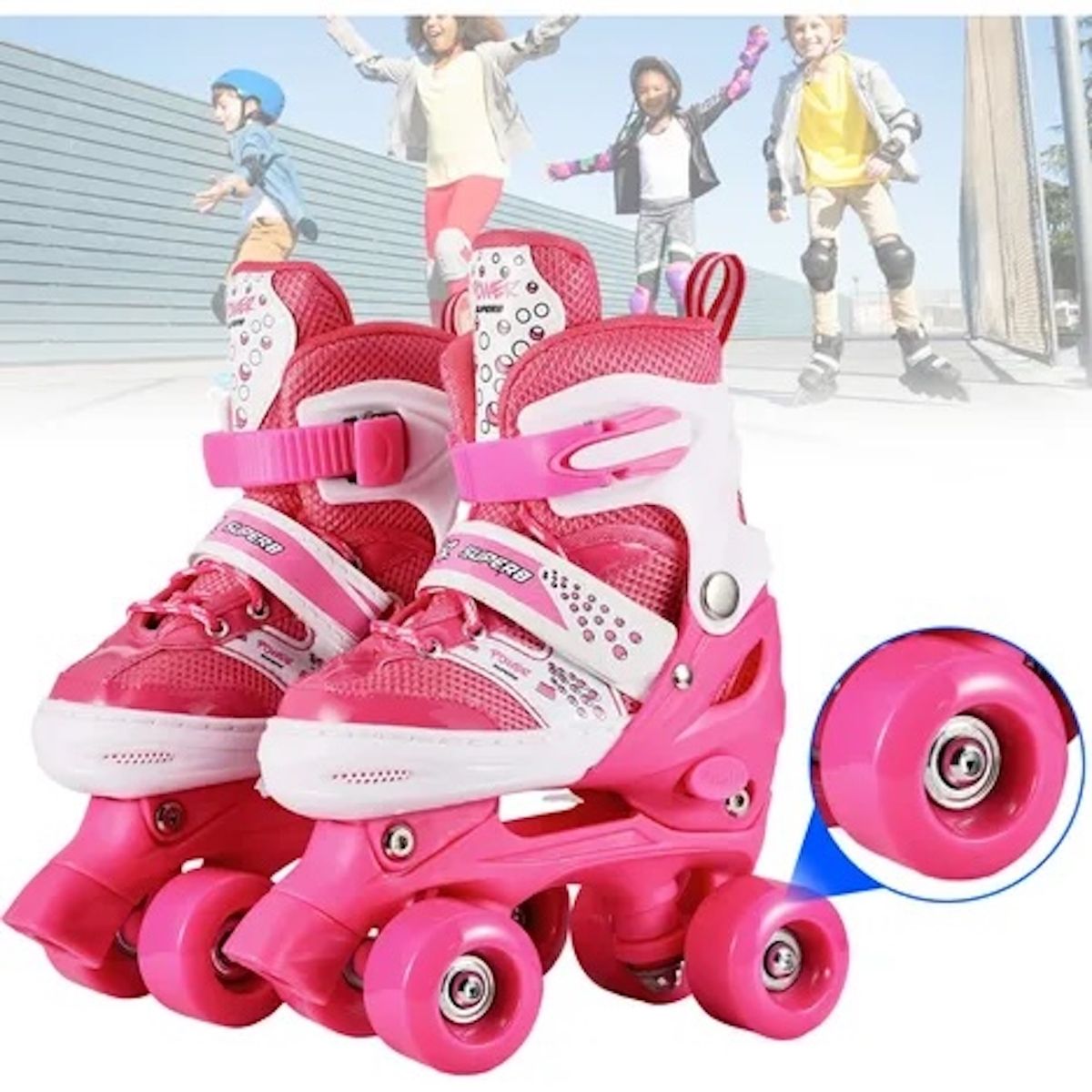 GENERICO - Patines 4 Rueda Ajustable Niños Rosado Talla S