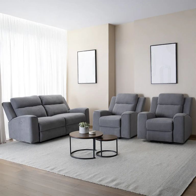 Living Reclinable Sofa 2 Cuerpos + 2 Bergers Electricos Montana Gris