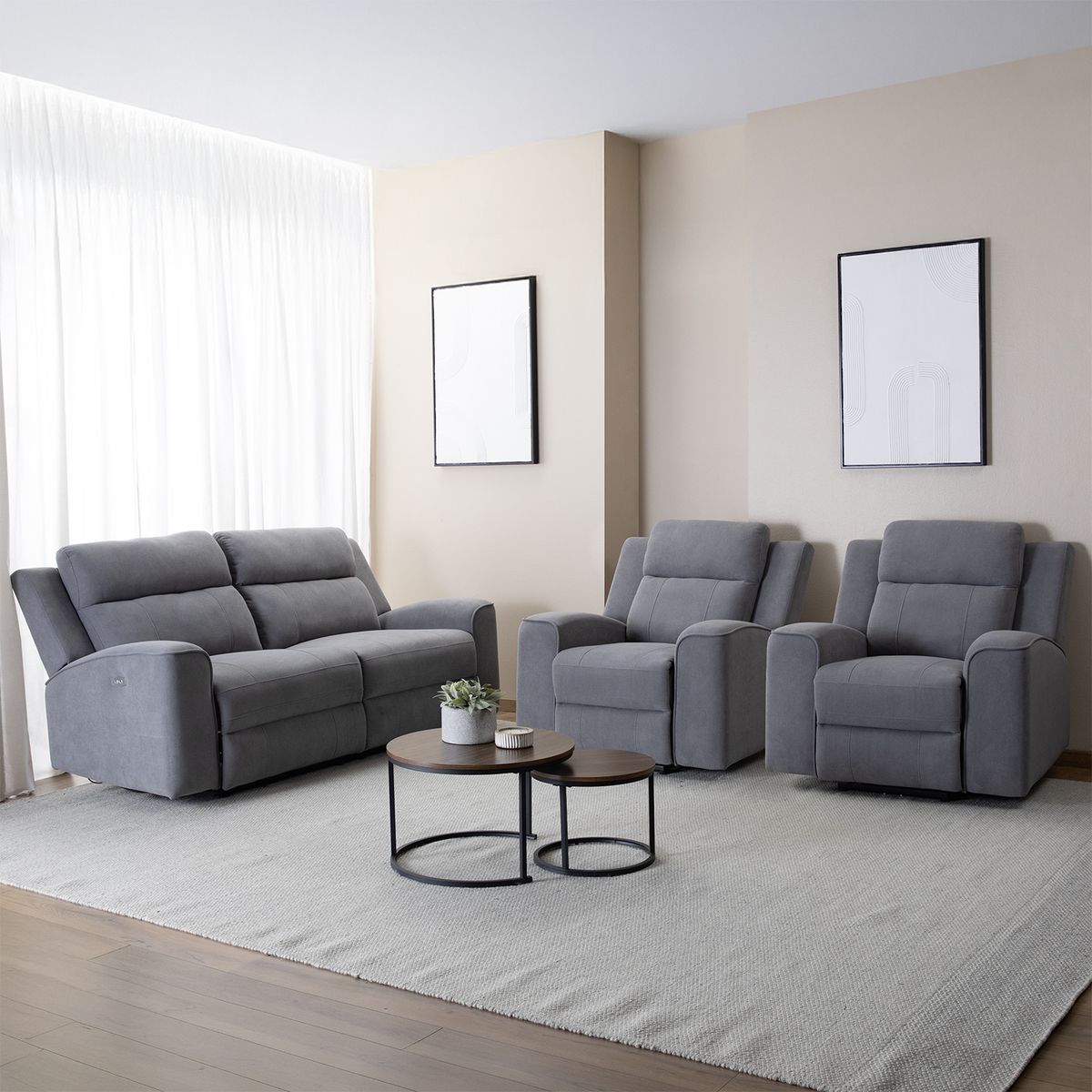 DANIELS - Living Reclinable Sofá 2 Cuerpos + 2 Bergers Eléctricos Montana Gris