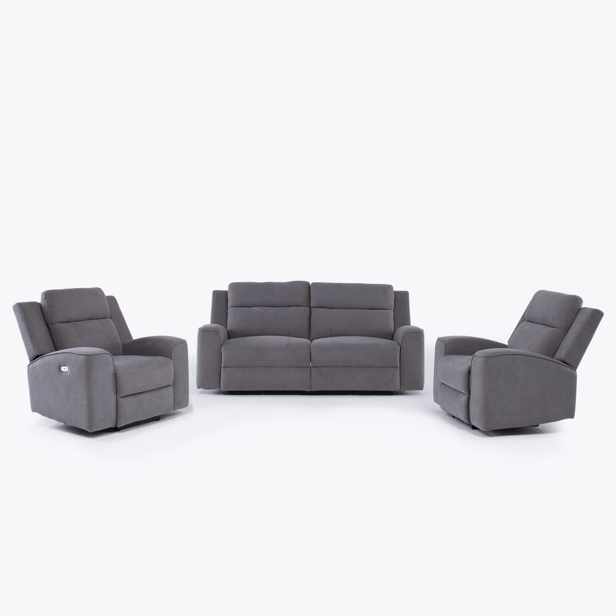 DANIELS - Living Reclinable Sofá 2 Cuerpos + 2 Bergers Eléctricos Montana Gris