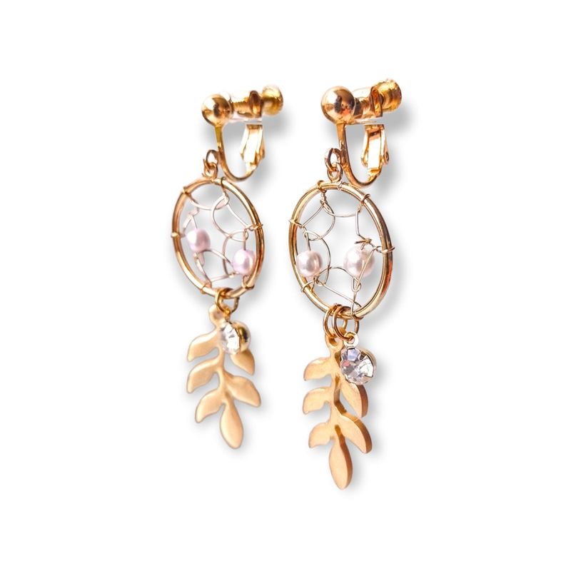 ELBAULDEJUMA - Pendientes sin perforaciones atrapasueños perla zirconia bañado en oro