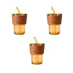 GENERICO - Set 3 Vasos de Vidrio con Tapa Y Bombilla 400ml