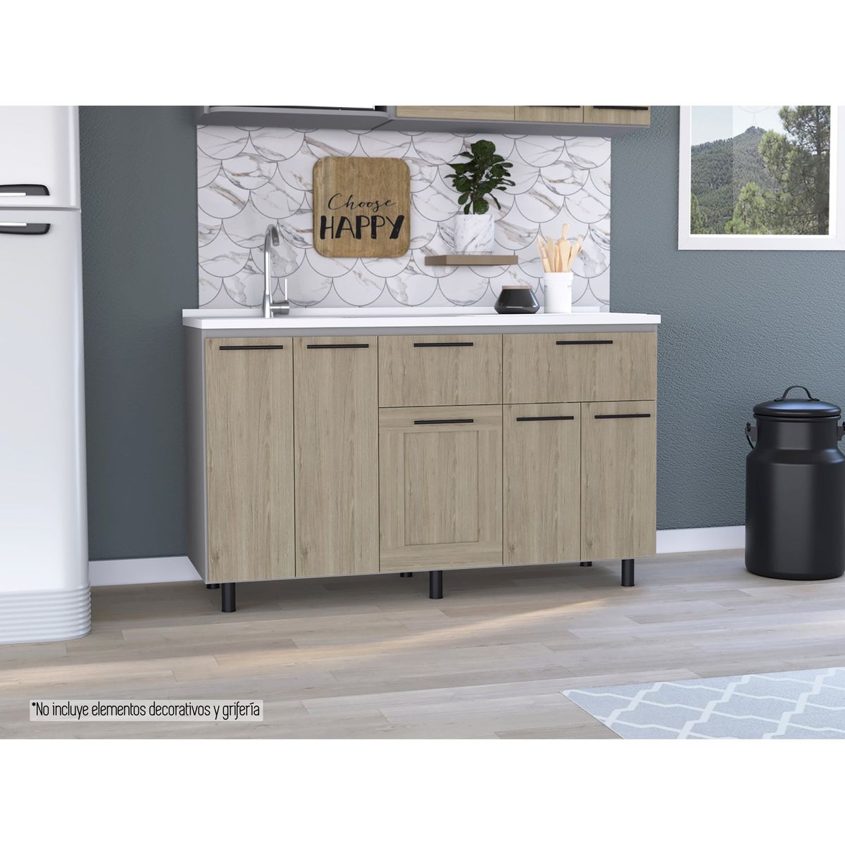 TUHOME - Mueble De Cocina Con Lavaplatos Derecho Hasselt Gris Y Rovere 150 Cm