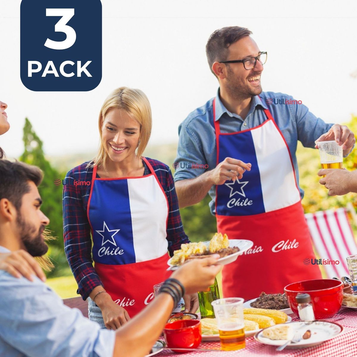 UTILISIMO - Pack 3 Delantal Cocina Fiestas Patrias Bandera Chile 60X90 Viva Chile