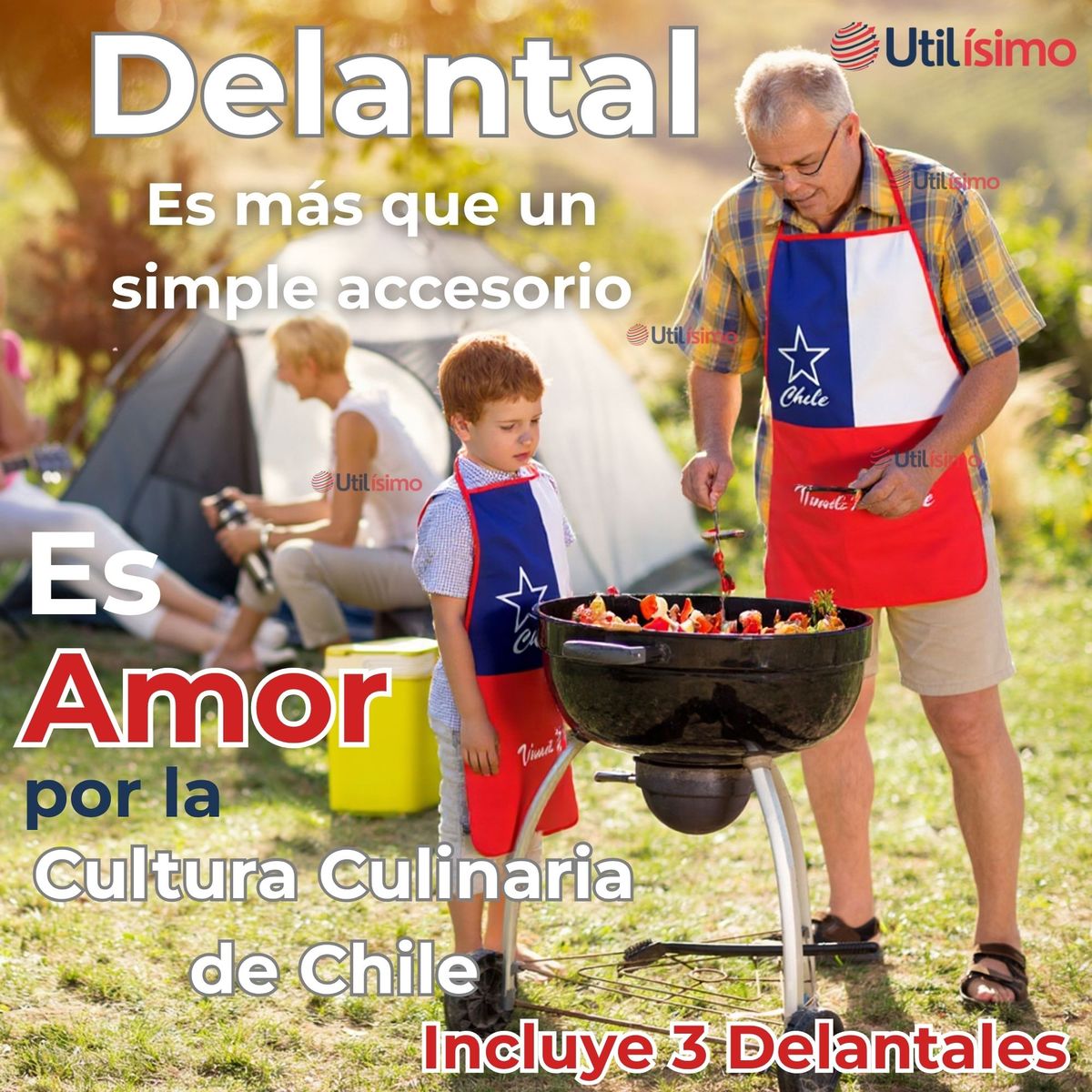 UTILISIMO - Pack 3 Delantal Cocina Fiestas Patrias Bandera Chile 60X90 Viva Chile