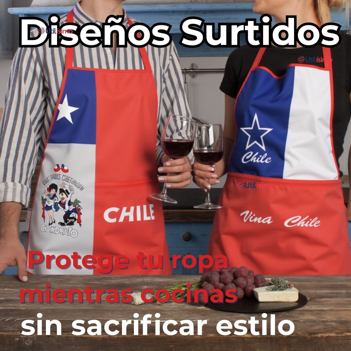 UTILISIMO - Delantal Cocina Fiestas Patrias Bandera Chilena 60X90CM Surtidos