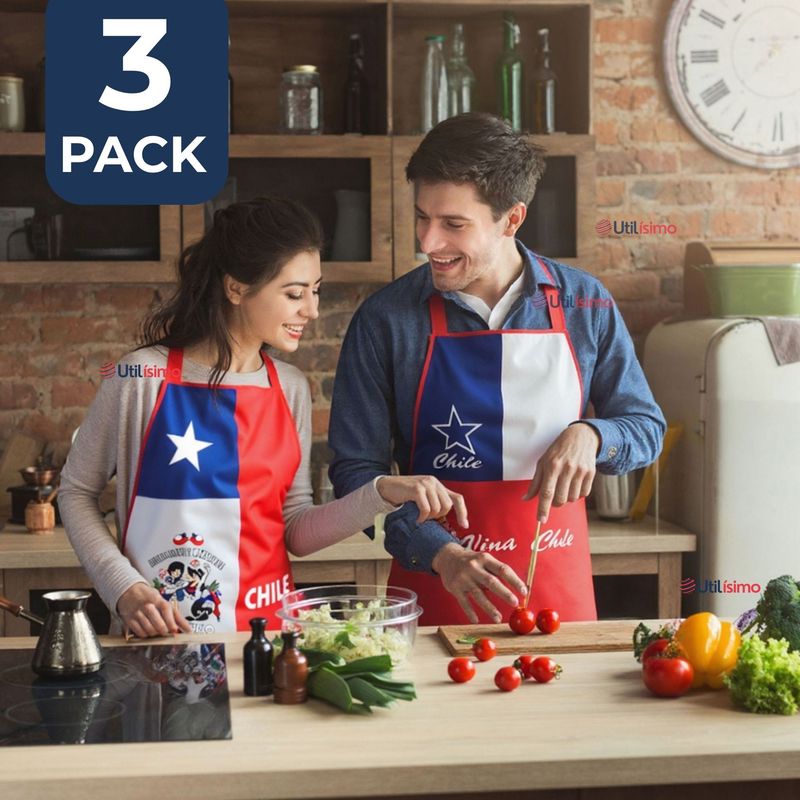 UTILISIMO - Pack 3 Delantal Cocina Fiestas Patrias Bandera Chilena 60X90 Surtidos