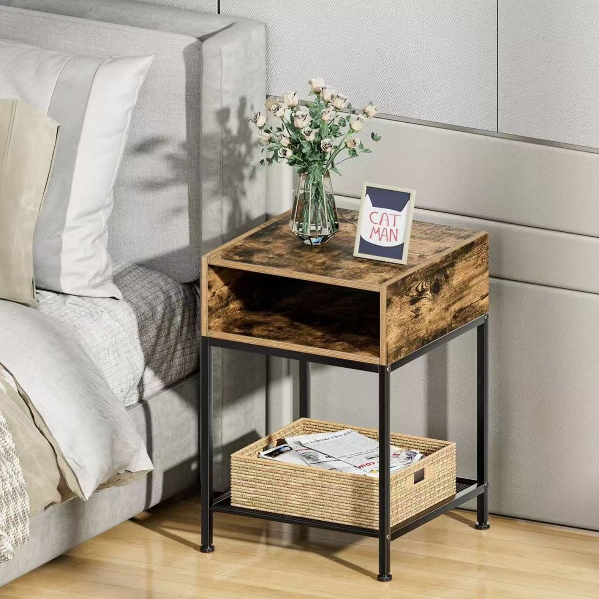 IDEEHOUSE - Velador Mesa Auxiliar Lateral De 2 Niveles - Madera Mate Marrón
